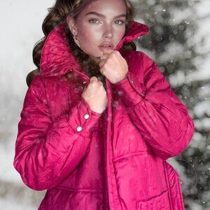 Vintage Long Belted Down Quilted Coat | Hollywood Berry Magenta Maxi, White Stag